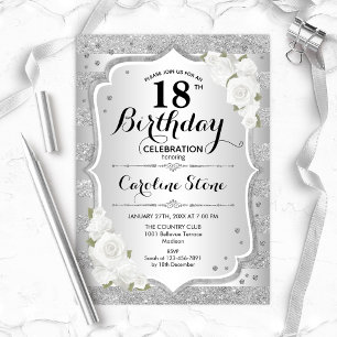 Invitation 18e anniversaire - Argent rayures Roses blanches