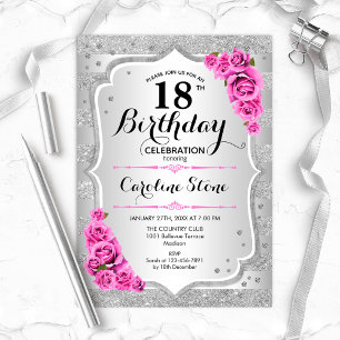 Invitation 18e anniversaire - Argent rayures Roses roses rose