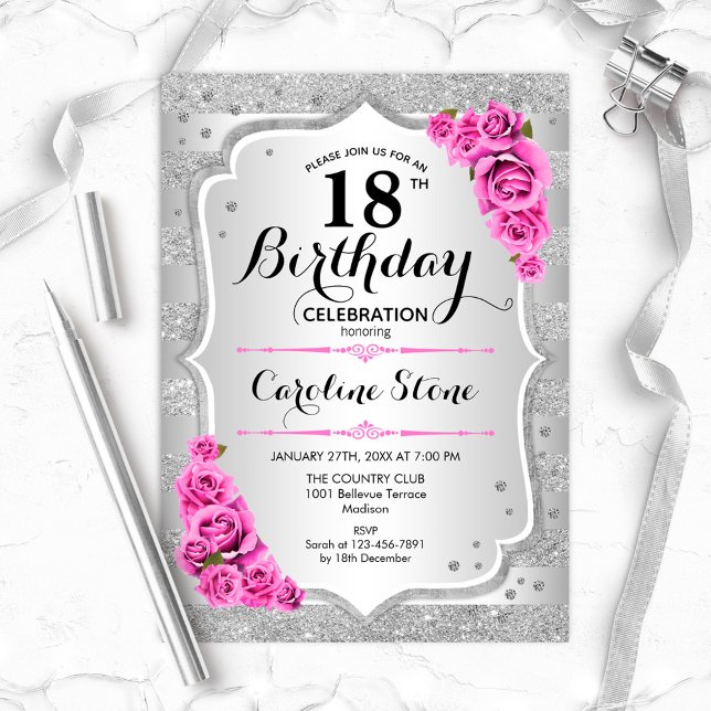 Invitation 18e anniversaire - Argent rayures Roses roses rose (Créateur téléchargé)