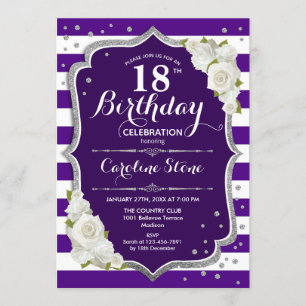 Invitation 18e anniversaire - Argent violet blanc rayures Ros