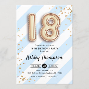 Invitation 18e anniversaire - Ballons Bleus Bleus Or
