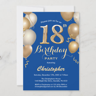 Invitation 18e anniversaire Ballons Bleus et Or Confetti