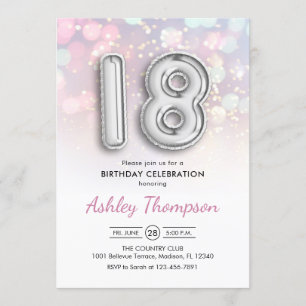 Invitation 18e anniversaire - Ballons d'argent Lumières rose