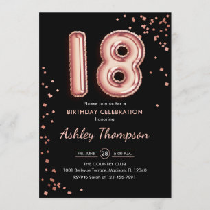 Invitation 18e anniversaire - Ballons d'or Rose Noir