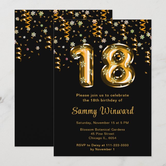 Invitation 18e anniversaire Ballons d'or Snowflake Confetti (Devant / Derrière)