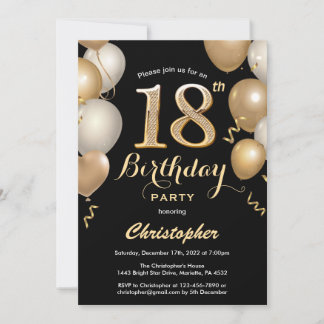 Invitation 18e anniversaire Ballons Noir et Or Confetti