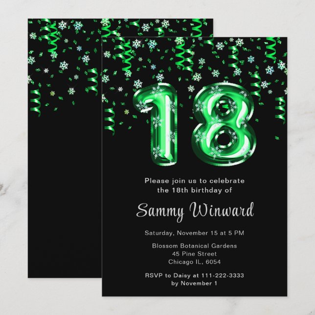 Invitation 18e anniversaire Ballons verts Snowflake Confetti (Devant / Derrière)