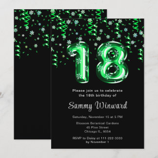 Invitation 18e anniversaire Ballons verts Snowflake Confetti