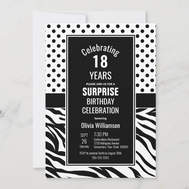 Invitation 18e anniversaire Black and White Surprise Party (Devant)
