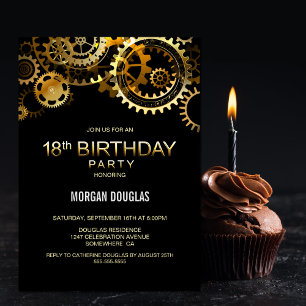 Invitation 18e anniversaire Black Gold Steampunk Watch Gears