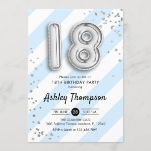 Invitation 18e anniversaire - Bleus et Ballons d'argent