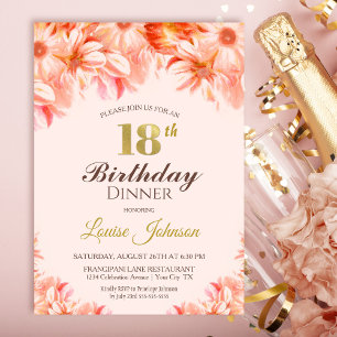 Invitation 18e anniversaire Blush Pink Gold Floral Diner Part