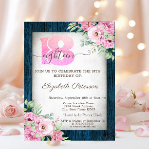 Invitation 18e Anniversaire Bois Bleu Marine Roses