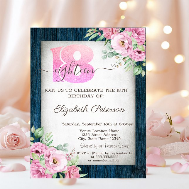 Invitation 18e Anniversaire Bois Bleu Marine Roses (Créateur téléchargé)
