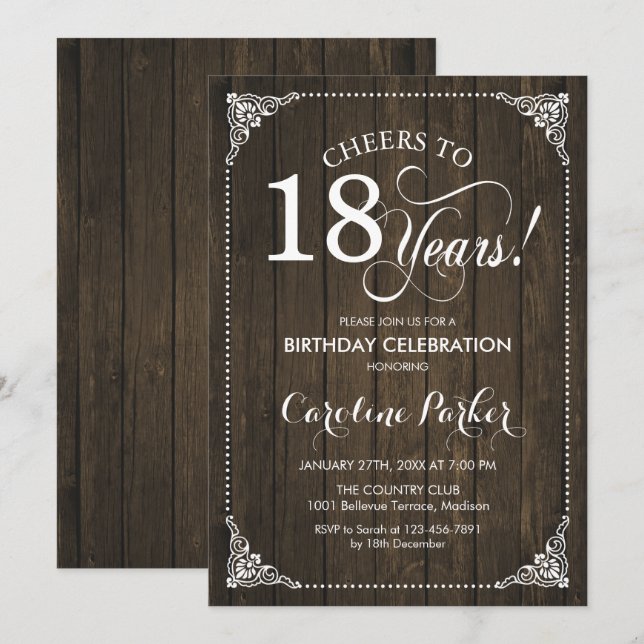 Invitation 18e anniversaire - Bois rustique (Devant / Derrière)