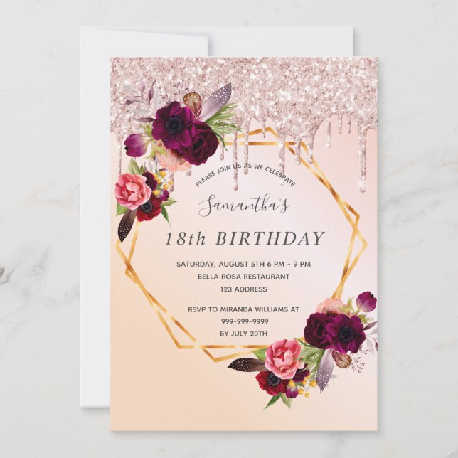 Invitation 18e anniversaire bouillon rose or parties scintill (Devant)