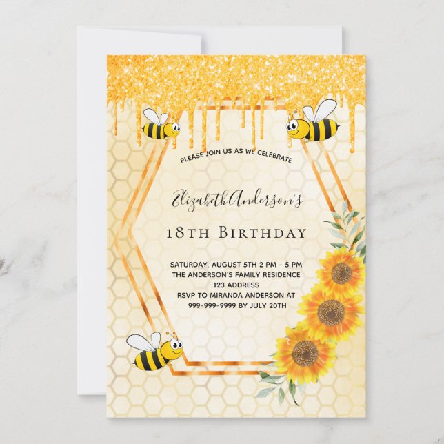 Invitation 18e anniversaire bourdon abeilles tournesol partie (Devant)
