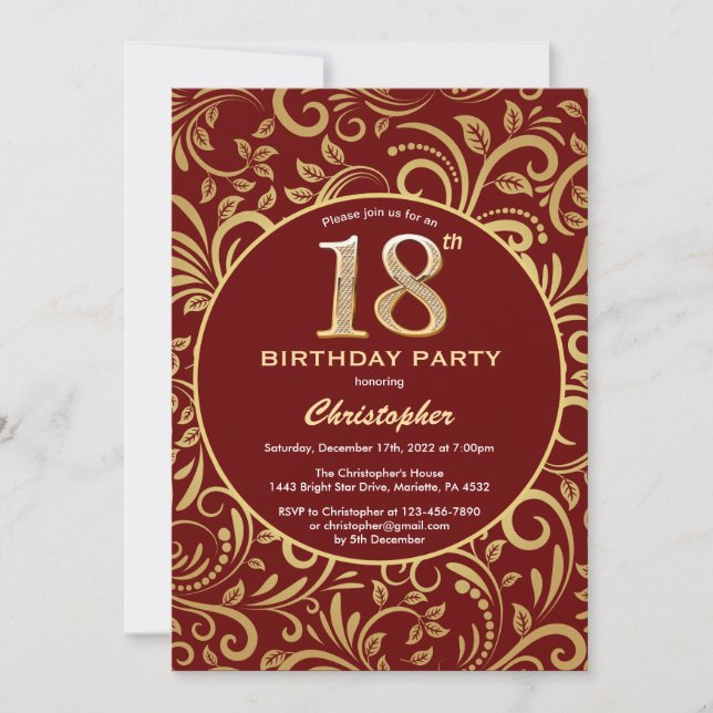 Invitation 18e anniversaire Bourgogne rouge et or modèle flor (Devant)