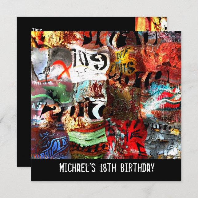 Invitation 18e anniversaire Boys Mens Street Art Abstrait A3 (Devant / Derrière)