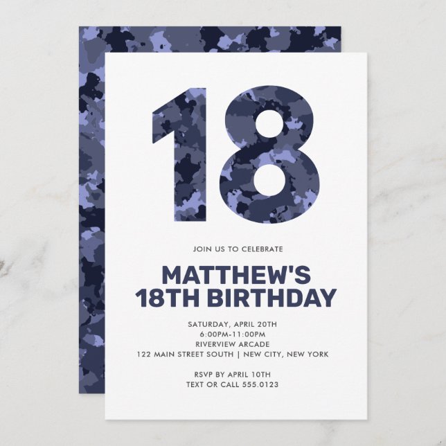 Invitation 18E Anniversaire, Camo Bleu Ado personnalisé (Devant / Derrière)