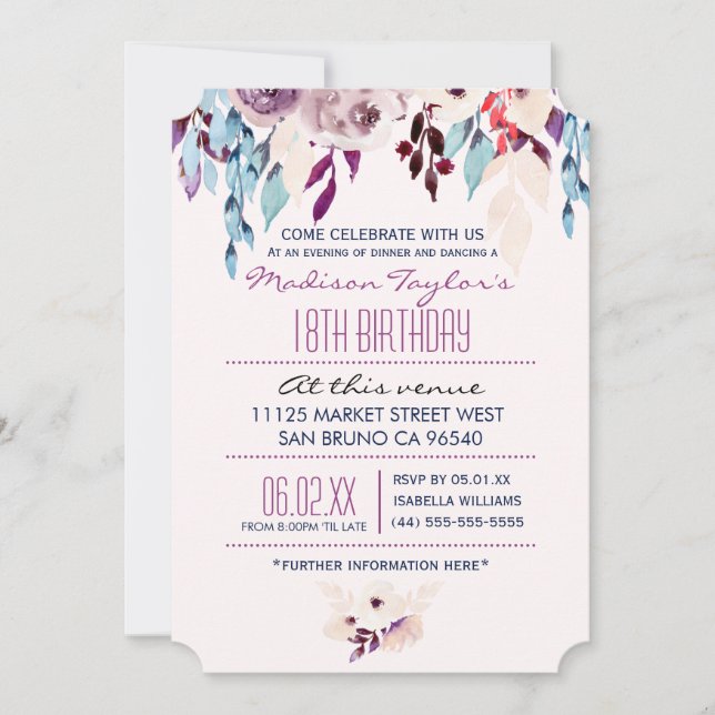 Invitation 18e anniversaire Fleur d'aquarelle violette et tur (Devant)