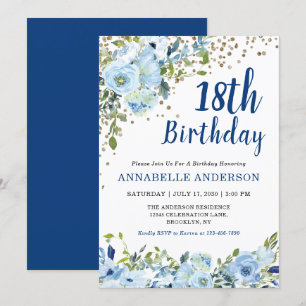 Invitation 18e anniversaire Floral Navy Blue Gold Parties sci