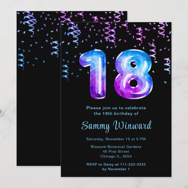 Invitation 18e anniversaire Galaxy Balloons avec Confetti (Devant / Derrière)