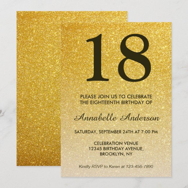 Invitation 18e anniversaire Glam Black Gold Parties scintilla (Devant / Derrière)