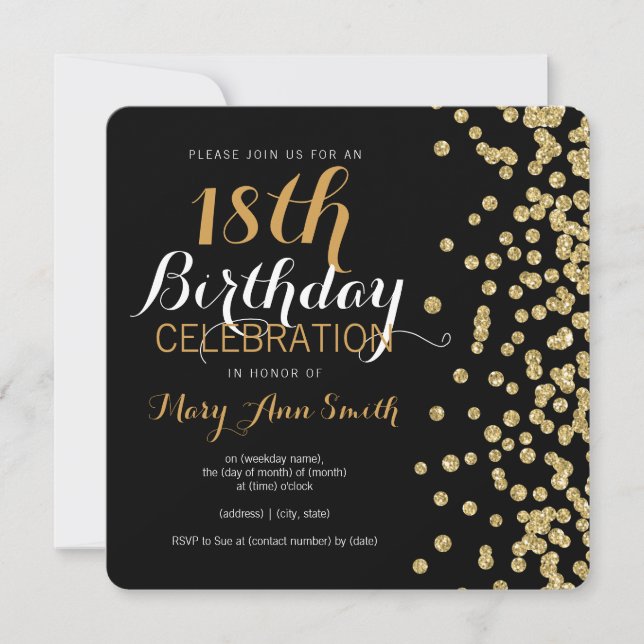 Invitation 18e anniversaire Gold Faux Parties scintillant Con (Devant)