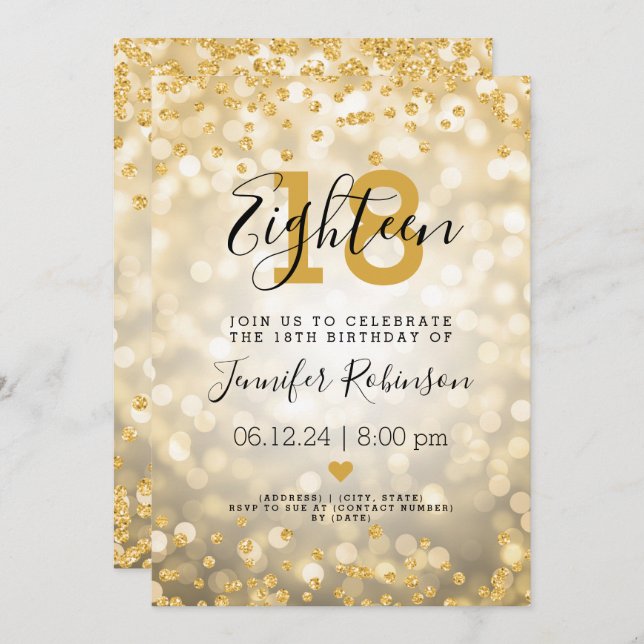 Invitation 18e anniversaire Gold Glam Parties scintillant Lum (Devant / Derrière)