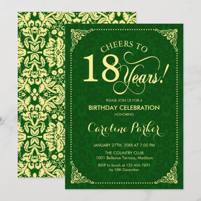 Invitation 18e anniversaire - Gold Green Damask (Devant / Derrière)