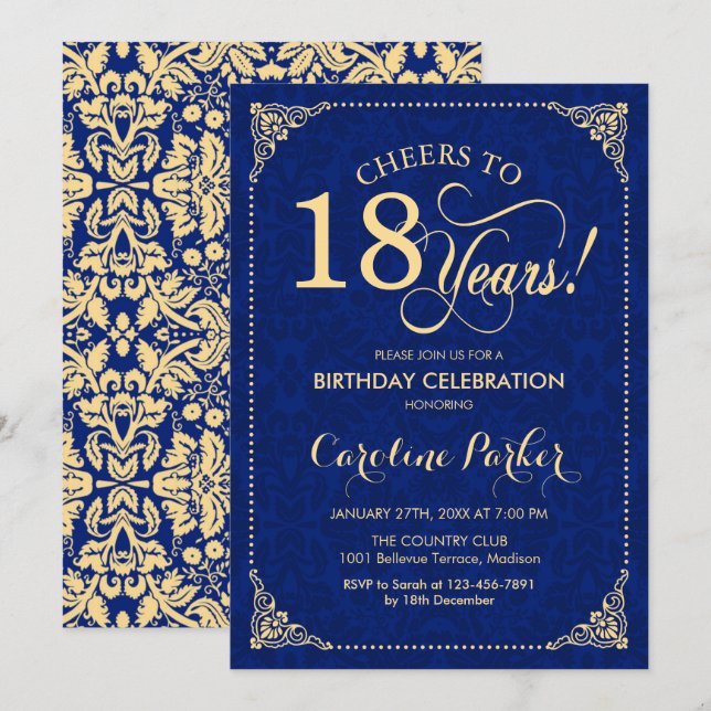 Invitation 18e anniversaire - Gold Navy Blue Damask (Devant / Derrière)