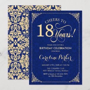 Invitation 18e anniversaire - Gold Navy Blue Damask