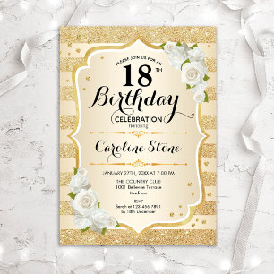 Invitation 18e anniversaire - Gold Stripes Roses blanches