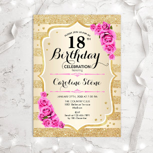 Invitation 18e anniversaire - Gold Stripes Roses Rose Invitat