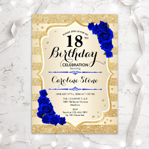 Invitation 18e anniversaire - Gold Stripes Royal Blue Roses