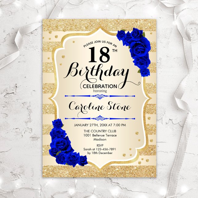 Invitation 18e anniversaire - Gold Stripes Royal Blue Roses (Créateur téléchargé)