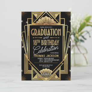 Invitation 18e anniversaire Graduation 1920s Black Gold Schem