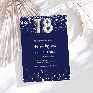 Invitation 18e anniversaire marine bleu argent étoiles luxe