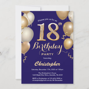 Invitation 18e anniversaire Marine Bleu et Ballons d'or Confe