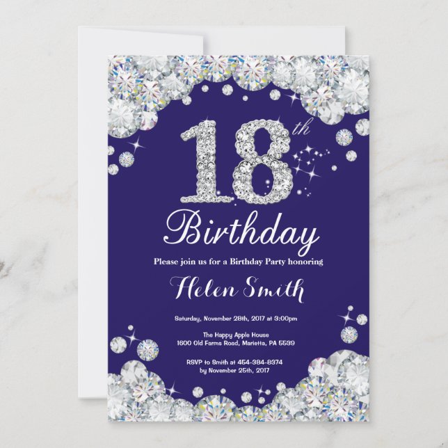 Invitation 18e anniversaire Marine Bleu et Diamant d'argent (Devant)