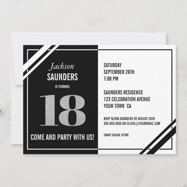 Invitation 18e anniversaire moderne Black and White Party (Devant)
