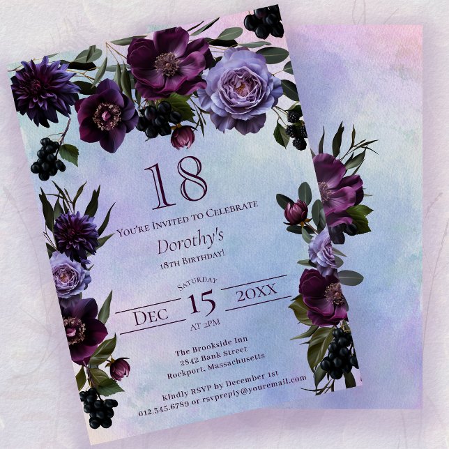 Invitation 18e anniversaire Moody Purple Gothic Flower (Créateur téléchargé)