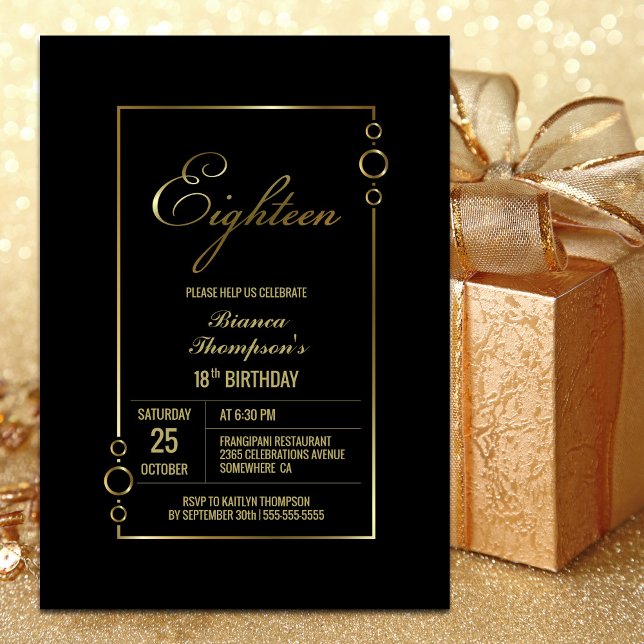 Invitation 18e anniversaire Noir avec Gold Frame Party (Créateur téléchargé)