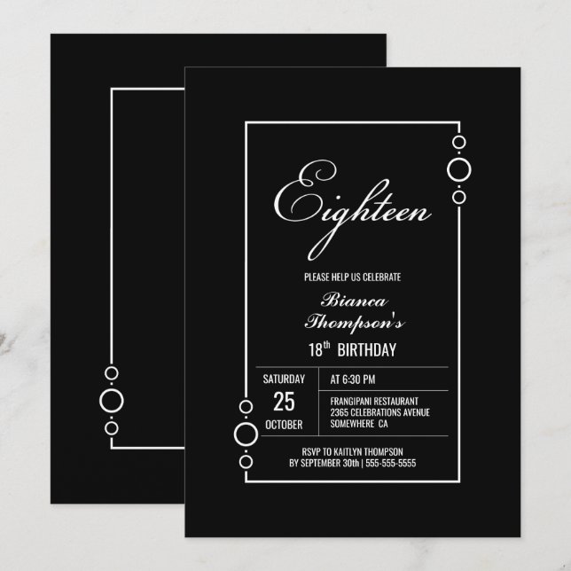 Invitation 18e anniversaire Noir avec White Frame Party (Devant / Derrière)