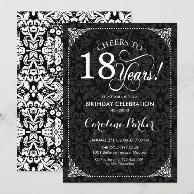 Invitation 18e anniversaire - Noir Blanc Damas (Devant / Derrière)