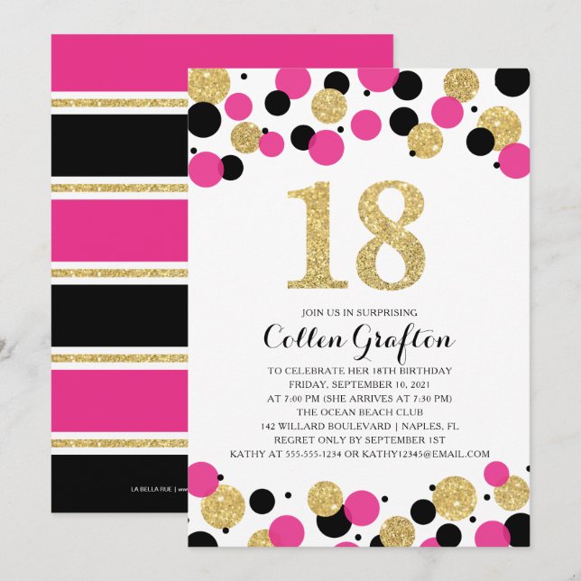 Invitation 18e anniversaire Noir Hot Pink Gold Parties scinti (Devant / Derrière)