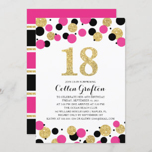 Invitation 18e anniversaire Noir Hot Pink Gold Parties scinti