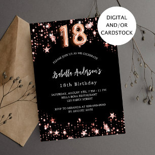 Invitation 18e anniversaire noir rose étoiles d'or