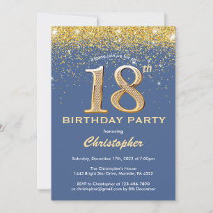 Invitation 18e anniversaire Parties scintillant bleue et or C